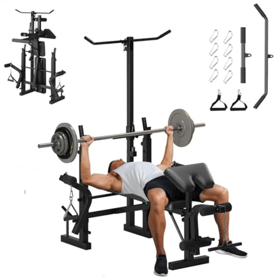 Home Gym Weight Bench - ホームジム筋トレベンチセット：7-in-1調整可能なウェイトベンチ（レッグエクステンション/カールプレーチャーカールパッド付き）折りたたみ式スチール製