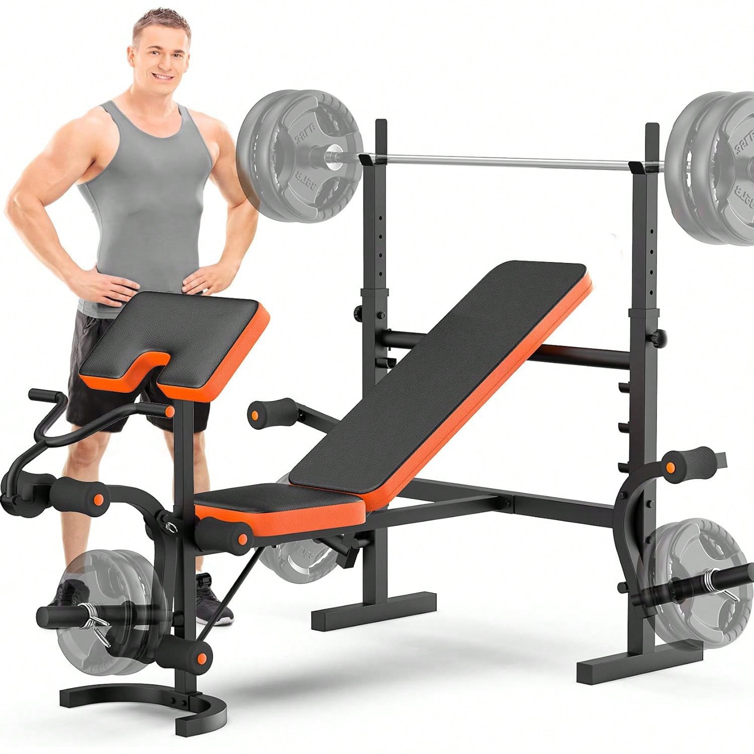 Home Gym Weight Bench - GIKPAL ウェイトベンチ、レッグエクステンション付きベンチプレスセット、ホームジム用6 in 1ウェイトベンチ、ラックとプリーチャーパッド付き調整可能なワークアウトベンチ、ウェイトリフティング用フルボディフラットインクラインベンチ