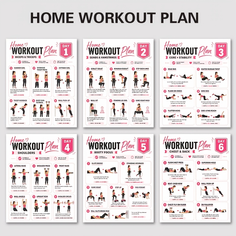 Home Gym Reviews - A4サイズのワークアウトシート6枚セット、フィットネスガイド、女性向けホーム筋力トレーニング、ホームジムエクササイズガイドに最適