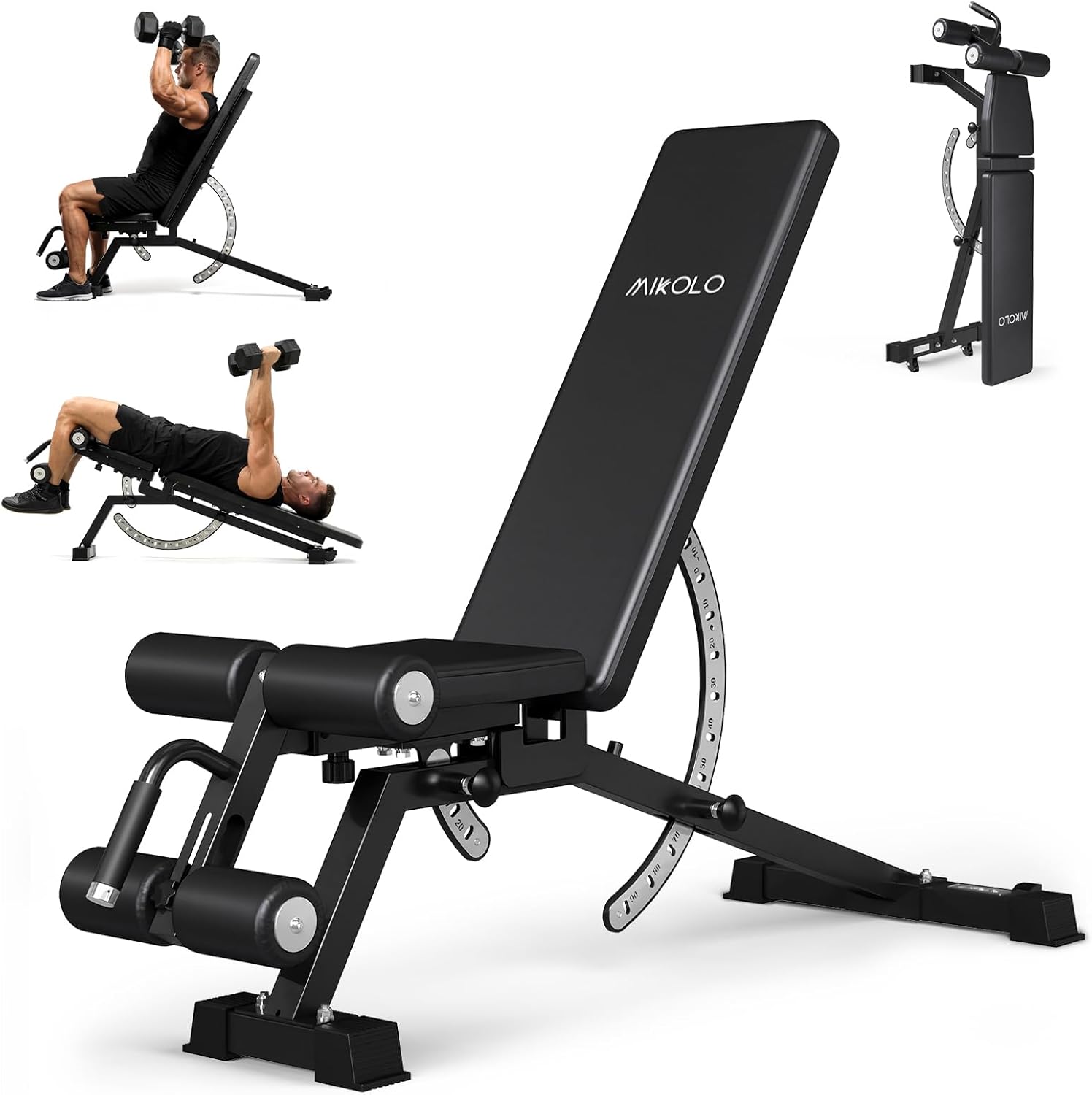 Home Gym Bench - ホームジムウェイトベンチ - スチール製、黒色、耐荷重1200ポンド、調整可能、取り外し可能なレッグサポート、省スペース