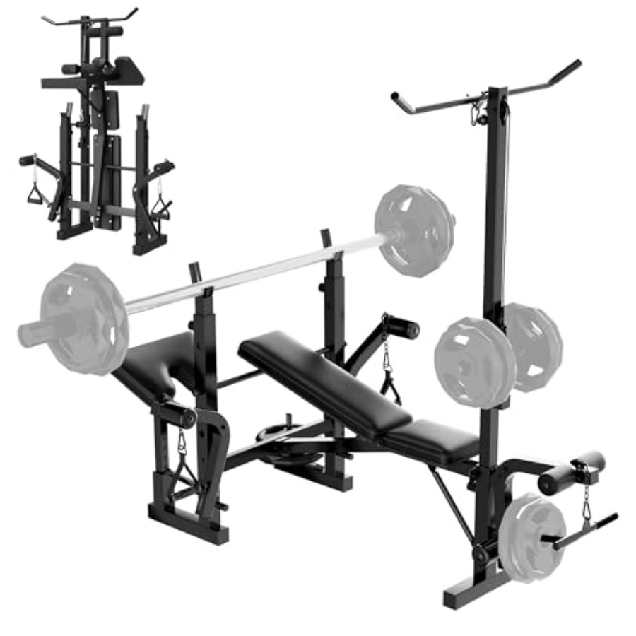 Home Gym Weight Bench - ホームジムウェイトベンチセット：スチールフレームブラック多機能ベンチプレス、プリーチャーカール、チェストフライ、レッグエクステンション、レッグカール、ラットプレス用